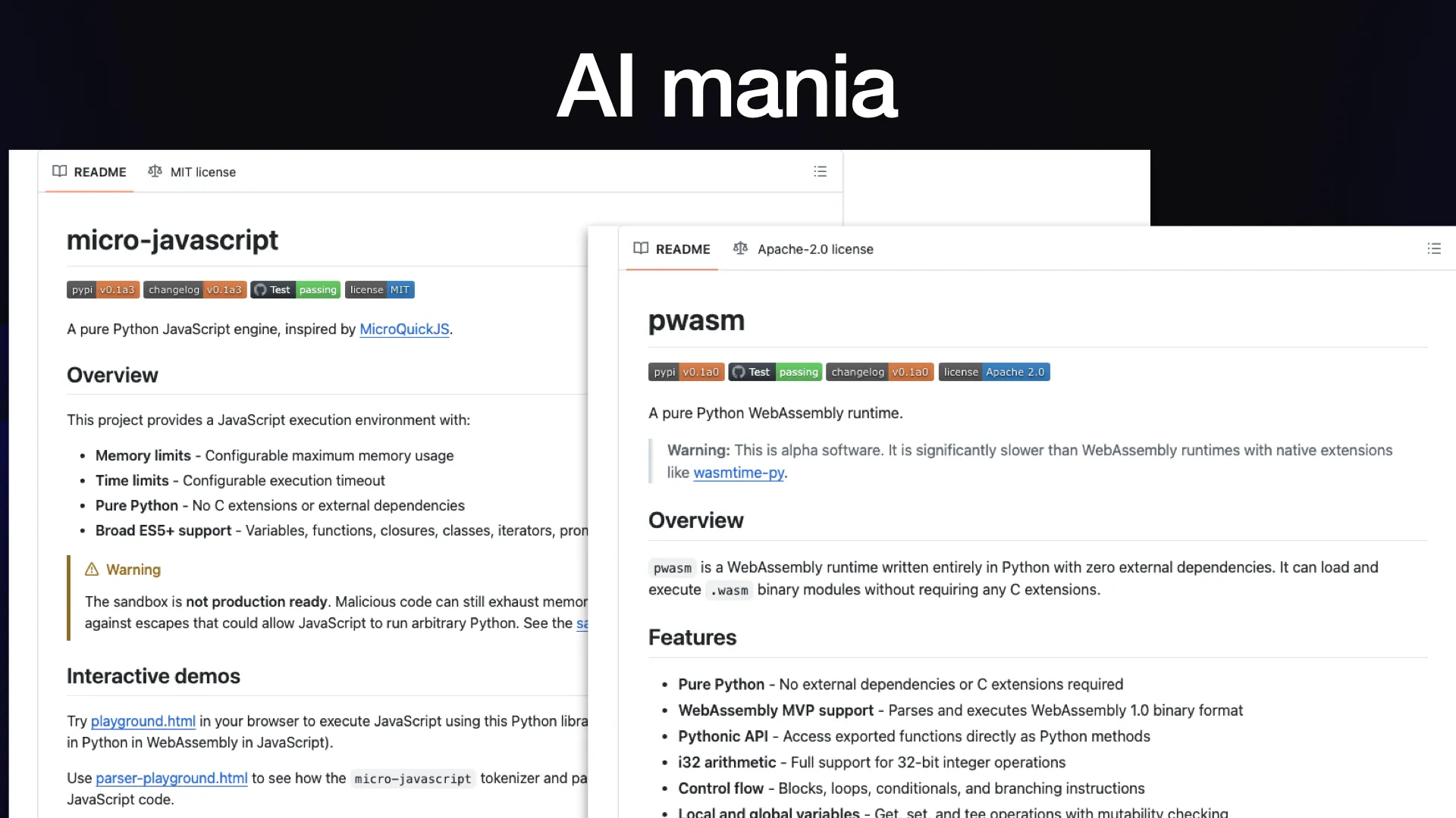 AI mania Screenshots of the micro-javascript and pwasm GitHub README files.