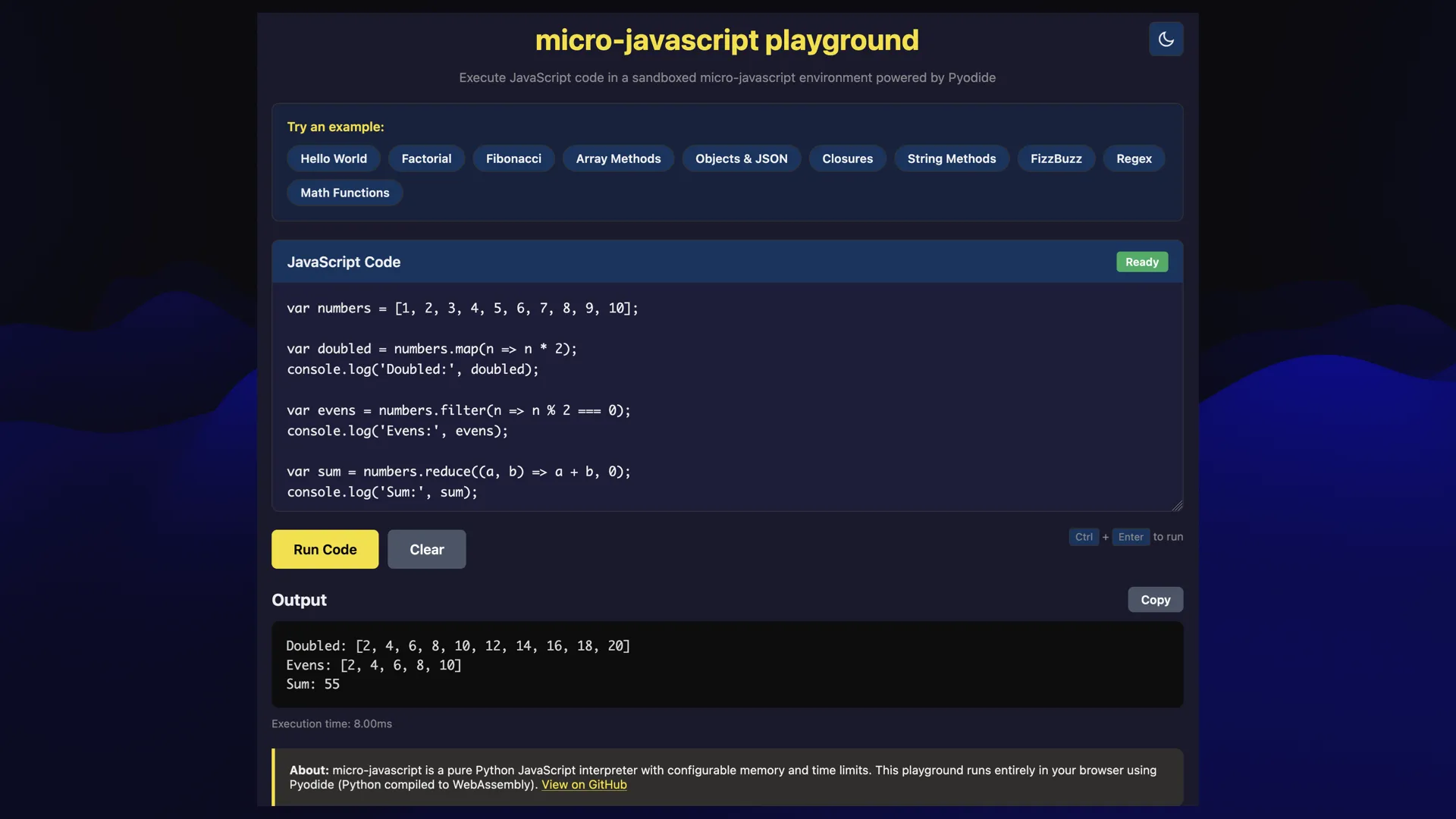micro-javascript playground 3 Execute JavaScript code in a sandboxed micro-javascript environment powered by Pyodide A web UI with some JavaScript code, and a "Run Code" button, and an output panel.