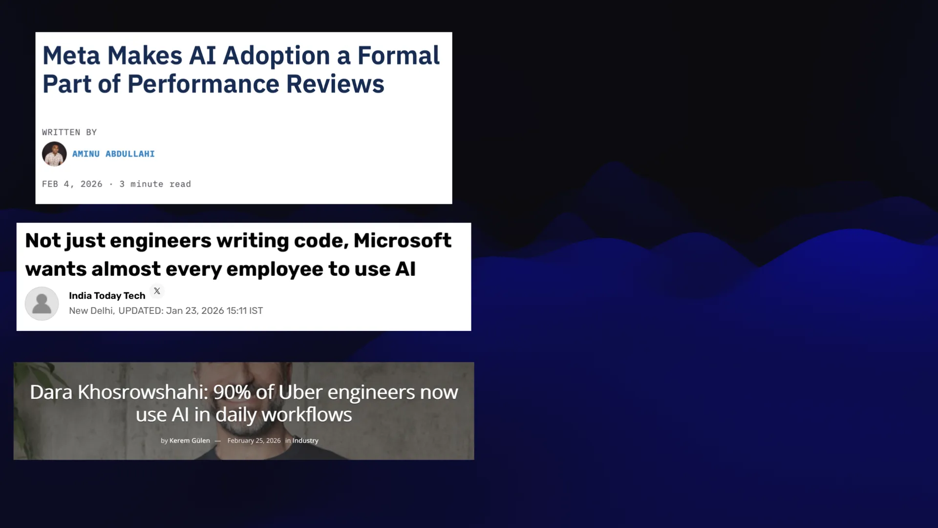 Three headlines: Meta Makes AI Adoption a Formal Part of Performance Reviews Not just engineers writing code, Microsoft wants almost every employee to use Al Dara Khosrowshahi: 90% of Uber engineers now use AI in daily workflows
