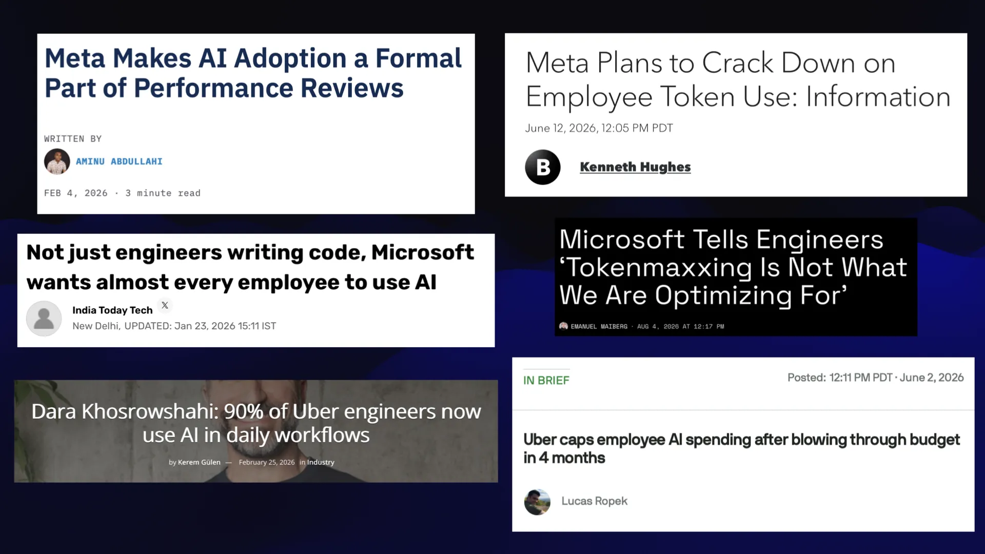 More headlines: Meta Plans to Crack Down on Employee Token Use: Information Microsoft Tells Engineers: Tokenmaxxing is not what we are optimizing for Uber caps employee AI spending after blowing through budget in four months