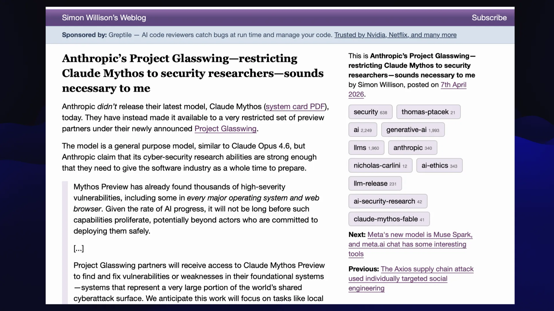 Simon Willison’s Weblog - screenshot of the post "Anthropic’s Project Glasswing—restricting Claude Mythos to security researchers—sounds necessary to me" from April 7th 2026