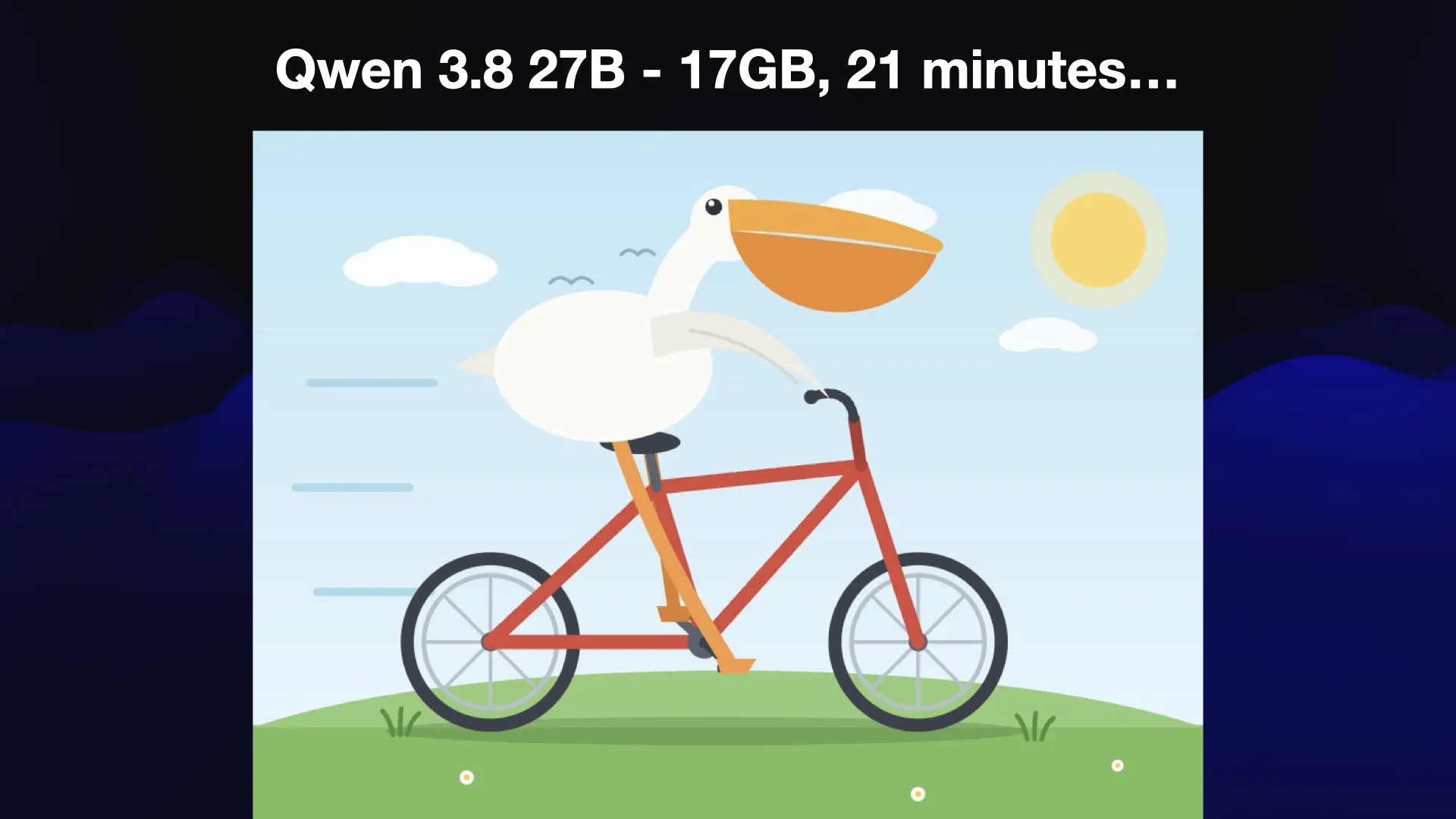 Qwen 3.8 27B - 17GB, 21 minutes... It's really good. Beautiful pelican. Correctly shaped bicycle. Legs either side of the frame.
