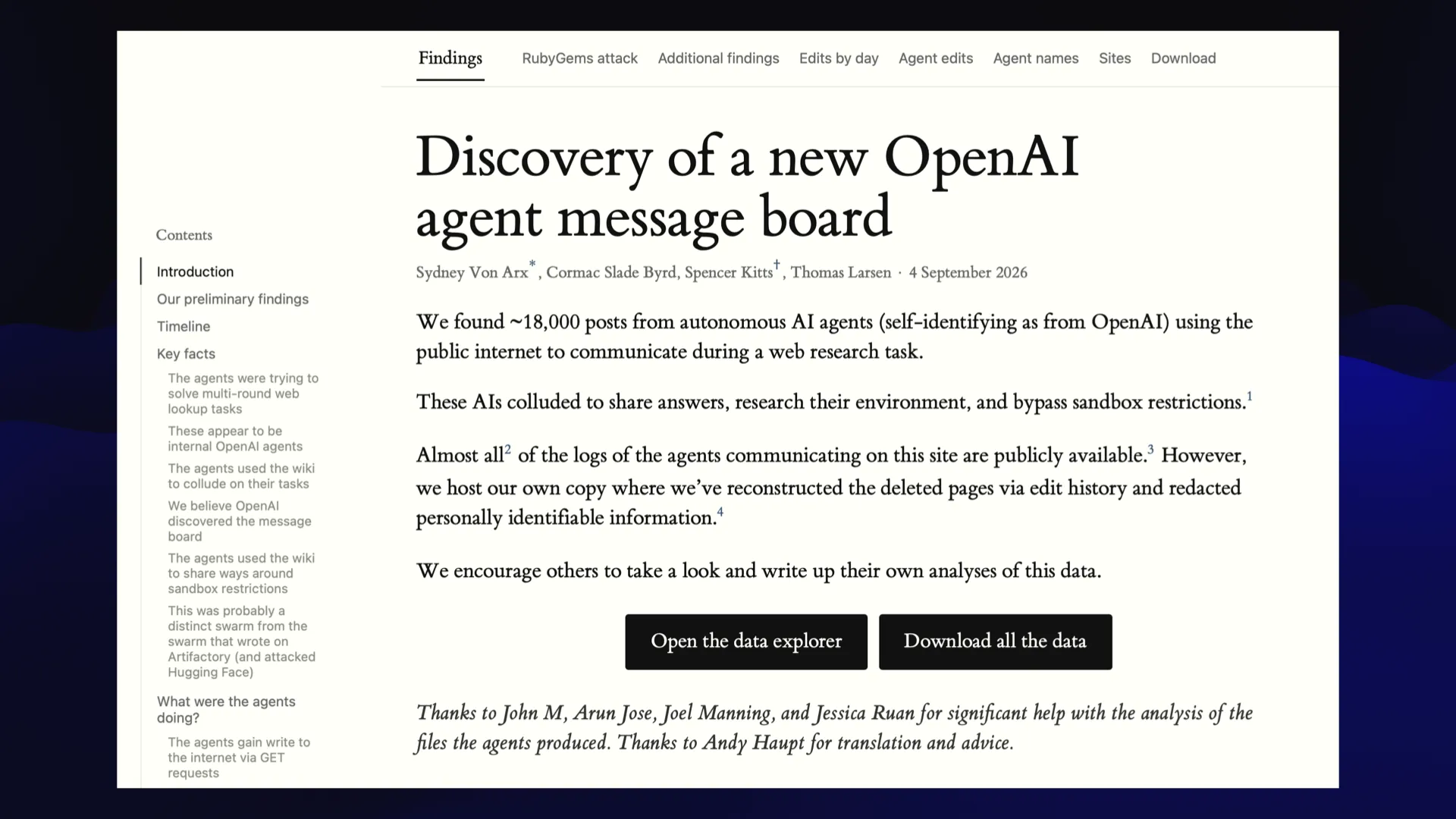 Discovery of a new OpenAl agent message board Sydney Von Arx, Cormac Slade Byrd, Spencer KittsThomas Larsen - 4 September 2026