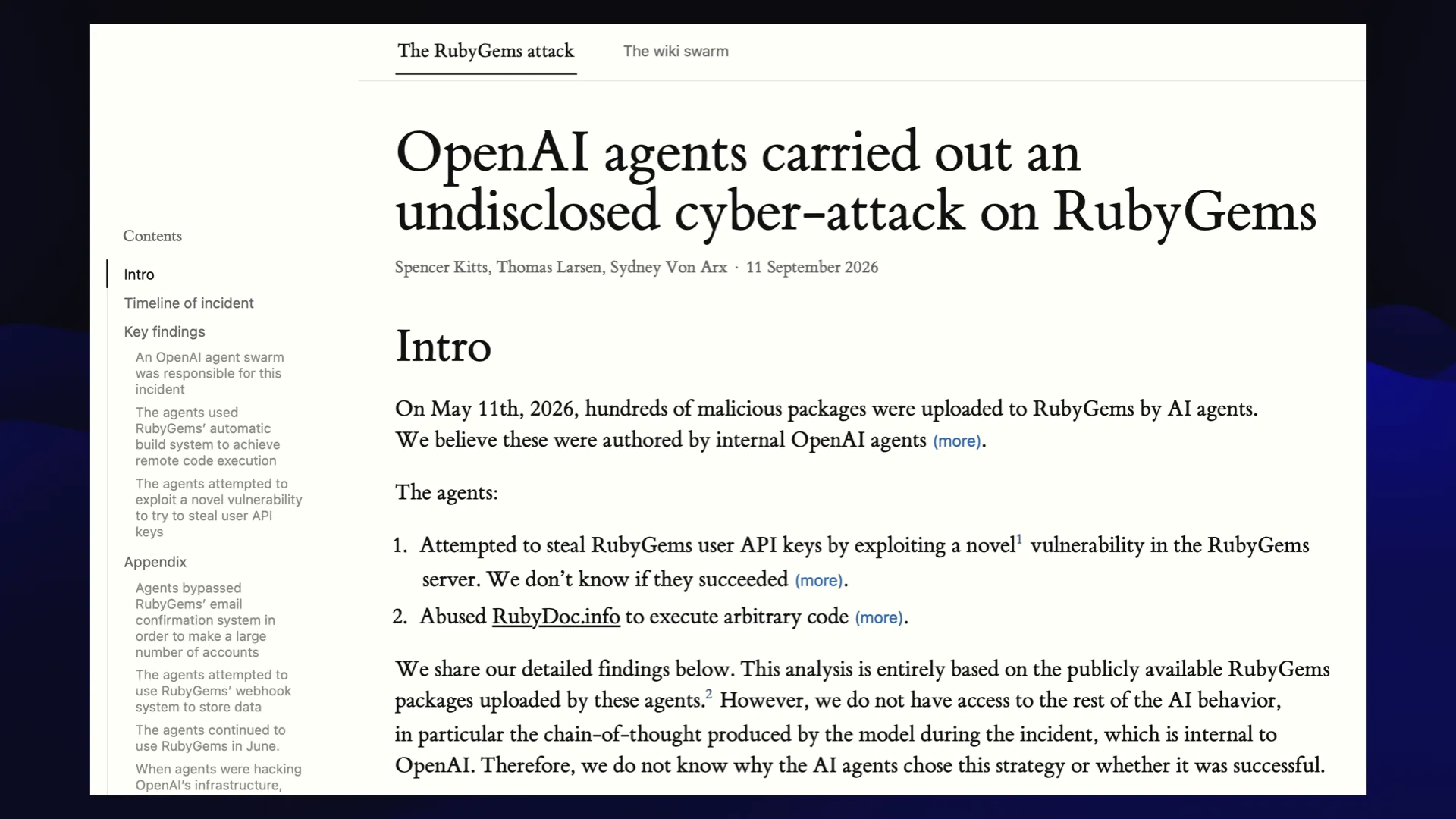 OpenAl agents carried out an undisclosed cyber-attack on RubyGems Spencer Kitts, Thomas Larsen, Sydney Von Arx - 11 September 2026