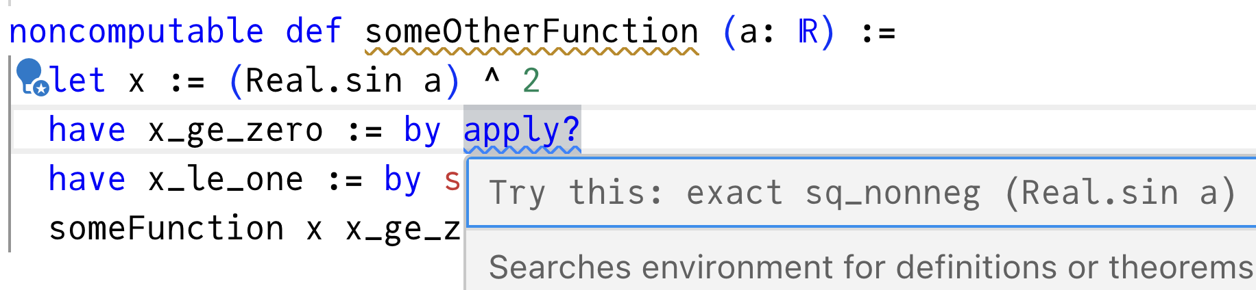 Lean suggests exact sq_nonneg (Real.sin a)