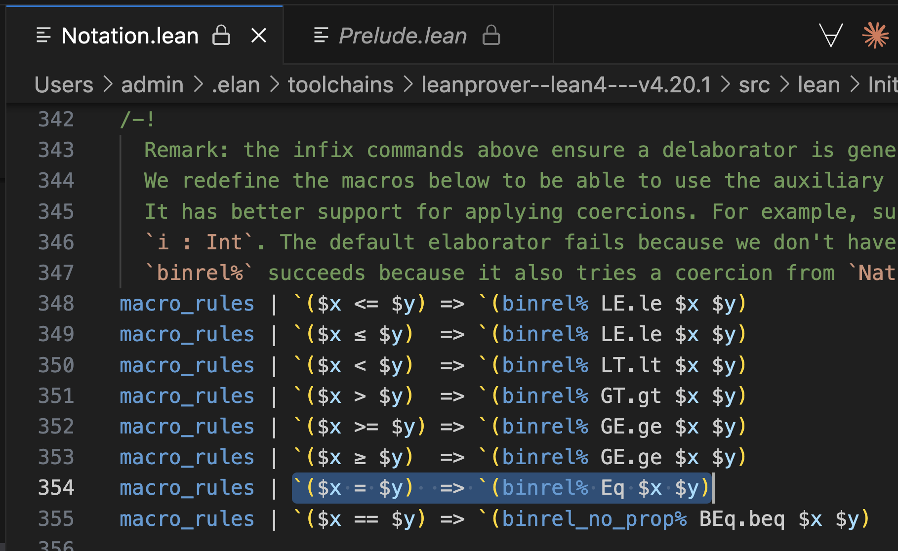 Screenshot of Lean source code defining a = b