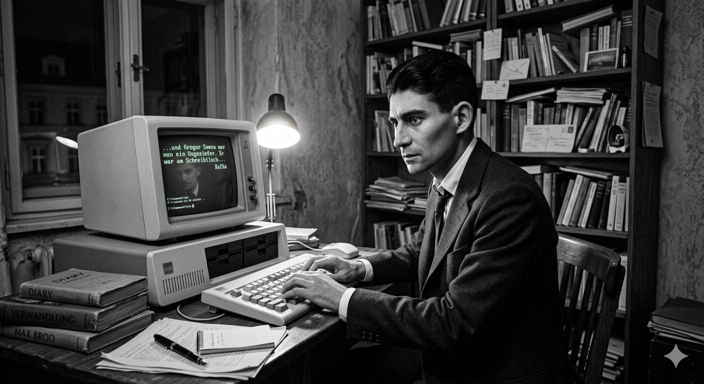 Franz Kafka: Uma imagem anacrônica em preto e branco gerada por IA mostrando Franz Kafka usando um computador antigo em um escritório repleto de livros.