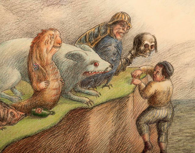 Ilustração satírica ou surrealista em estilo de gravura colorida, mostrando diversas criaturas antropomórficas e bizarras, incluindo uma figura esquelética e um homem com uma mão no rosto, observando um garoto na beira de um precipício.