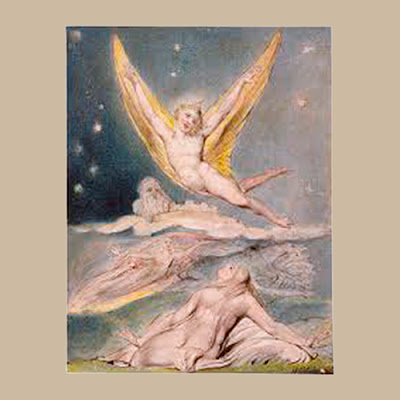 William Blake: Pintura clássica de estilo romântico/simbolista mostrando figuras etéreas e aladas no céu noturno sobre uma figura deitada.