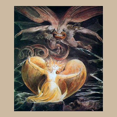 William Blake: A pintura 'A Mulher Vestida de Sol e o Grande Dragão Vermelho' de William Blake, retratando uma figura feminina luminosa e uma criatura alada monstruosa.