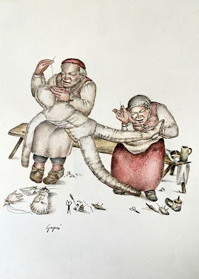 Ilustração artística de estilo clássico mostrando duas figuras humanas sentadas em um banco costurando um boneco de tecido grande.