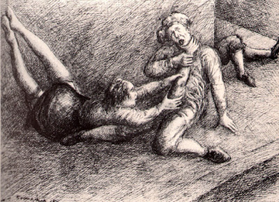 Uma ilustração ou gravura em estilo clássico representando pessoas em uma cena dramática ou de sofrimento no chão.