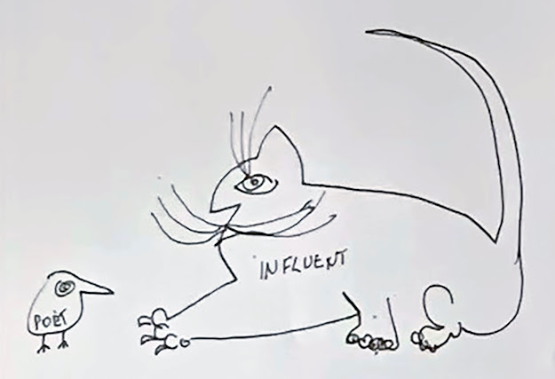 Tira de quadrinhos: Desenho minimalista de uma tira cômica ou cartum mostrando um gato grande com a palavra 'INFLUENT' escrita no corpo, encarando um pequeno pássaro com a palavra 'POET' escrita no corpo.