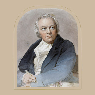 William Blake: Retrato em aquarela e lápis de um homem segurando um instrumento de escrita, identificado como o artista e poeta William Blake.