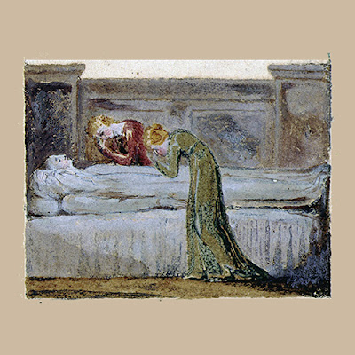 Uma ilustração ou pintura clássica retratando duas mulheres em sofrimento e luto ao lado de um corpo deitado em um leito.