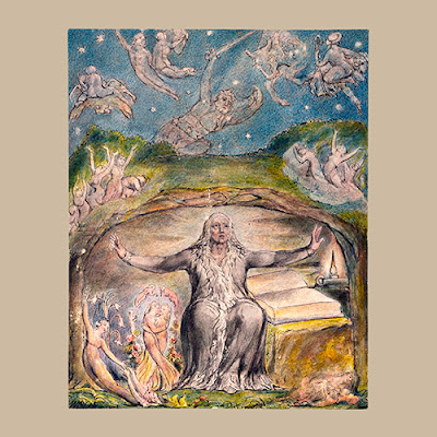 Ilustração artística de William Blake, 'Morning Amusement', mostrando uma figura central em uma caverna com um livro e diversas figuras míticas ou espirituais ao redor e no céu.
