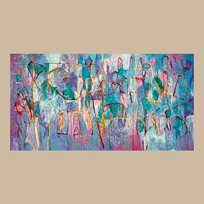 Pintura abstrata contemporânea com pinceladas gestuais em tons de azul, roxo, verde e detalhes em linhas finas escuras e alaranjadas.