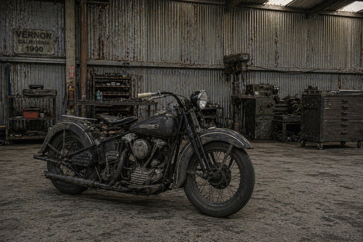 Uma motocicleta Harley-Davidson antiga e rústica estacionada dentro de uma oficina mecânica industrial com paredes de metal ondulado.