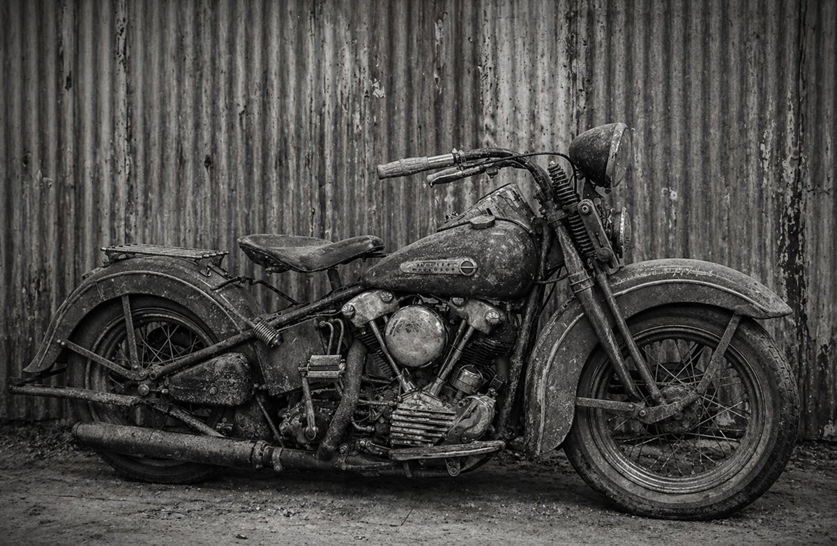 Uma fotografia em preto e branco de uma motocicleta antiga e desgastada estacionada em frente a uma parede de metal ondulado.