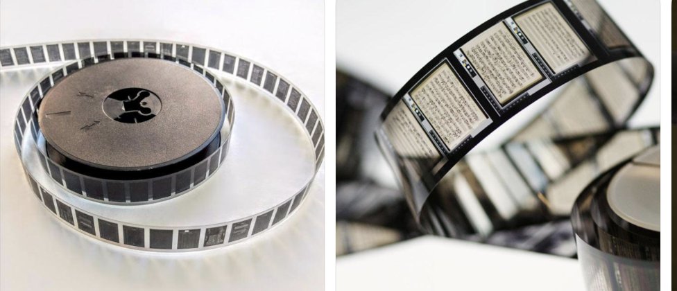 Uma montagem de duas fotos mostrando um rolo de microfilme com páginas de documentos arquivadas em formato de filme fotográfico.