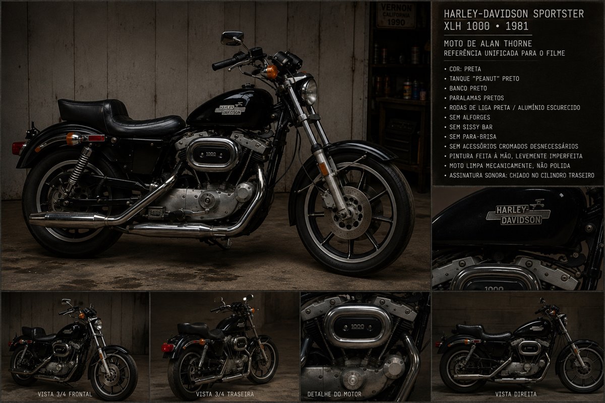 Alan Thorne: Composição de fotos técnicas e detalhes de uma motocicleta Harley-Davidson Sportster XLH 1000 de 1981, referenciada para um filme.