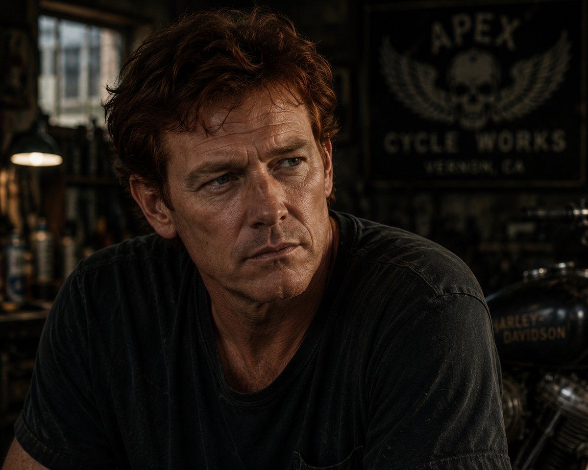 Alan Ritchson: Retrato de um homem de meia-idade com expressão séria em uma oficina mecânica, com um cartaz da Apex Cycle Works ao fundo.
