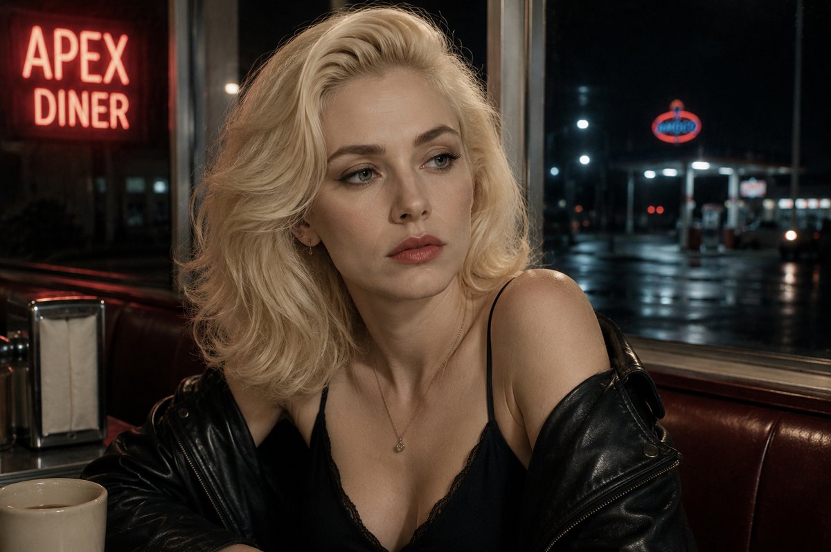 desconhecido: Uma mulher loira com jaqueta de couro sentada em um restaurante típico americano (diner) à noite, com um letreiro de neon escrito 'APEX DINER' ao fundo.