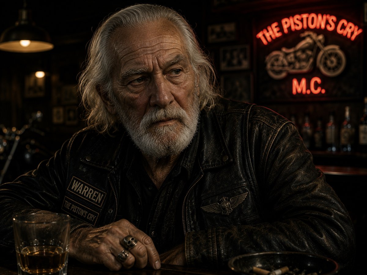 desconhecido: Retrato cinematográfico de um homem idoso com barba branca, vestindo uma jaqueta de couro de motociclista com patches escrito 'Warren' e 'The Piston's Cry', sentado em um bar escuro.