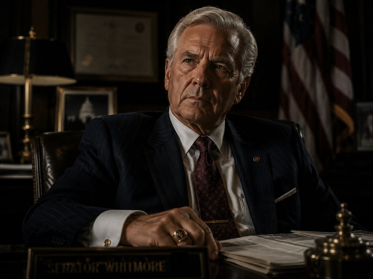 unknown: Retrato de um homem mais velho com aparência de político, sentado em um escritório com a bandeira dos EUA ao fundo e uma placa com o nome 'Senator Whitmore' à frente.