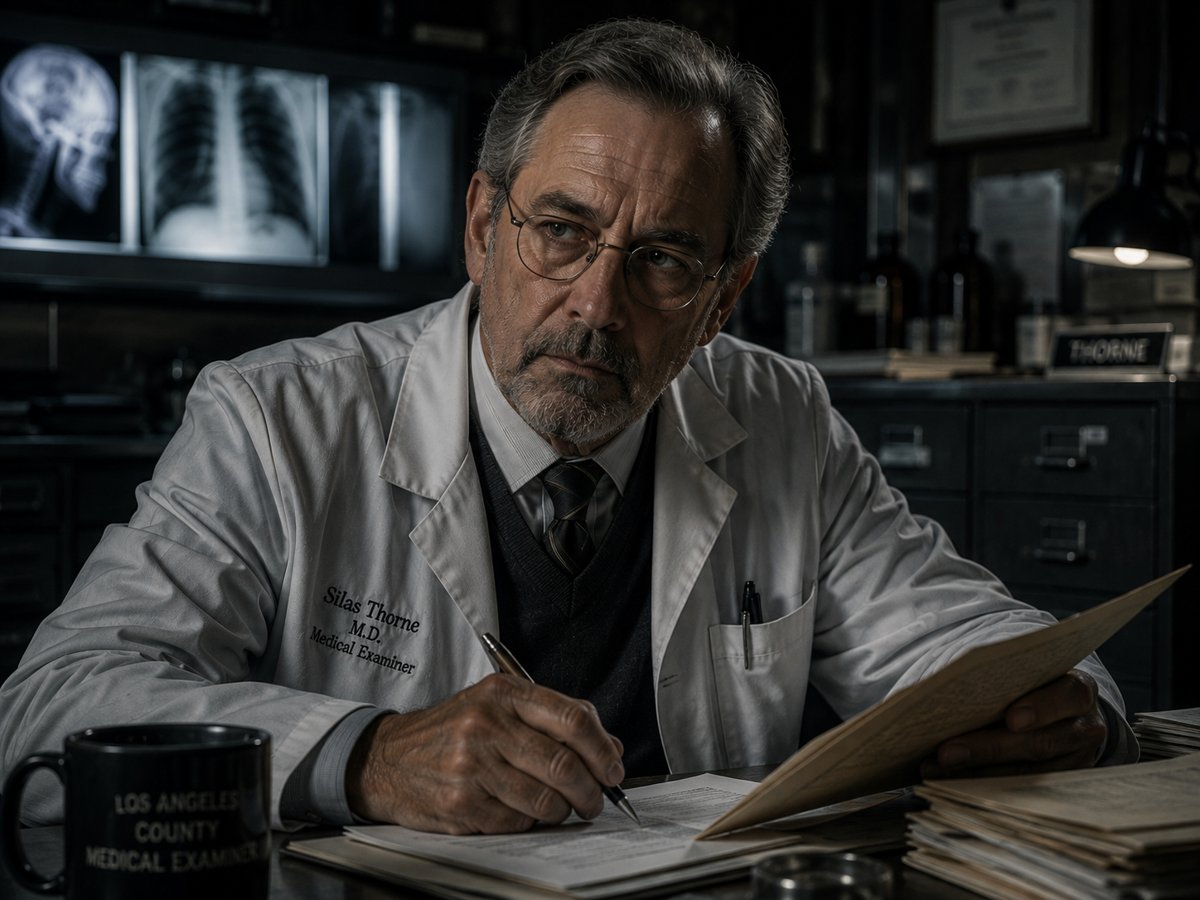 Silas Thorne: Um médico legista em seu escritório analisando documentos, com radiografias ao fundo.