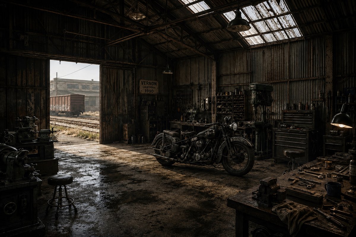 Interior de uma oficina mecânica rústica e escura com uma motocicleta clássica estacionada no centro, ferramentas espalhadas e vista para trilhos de trem através da porta aberta.