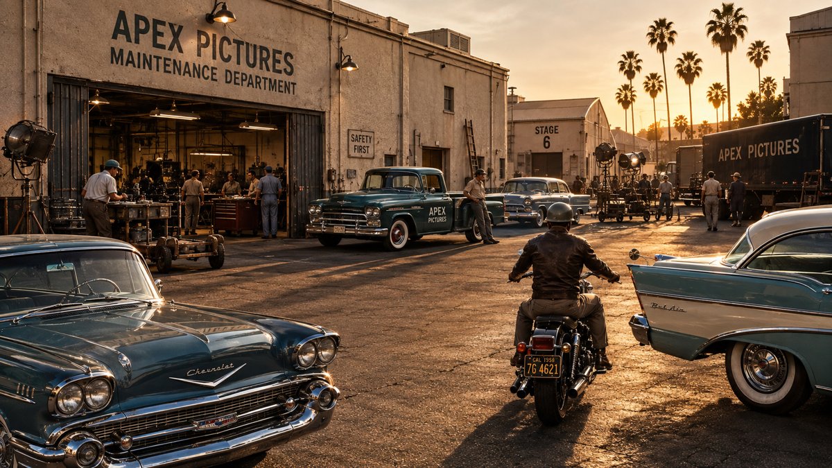 Uma cena de época em um estúdio de cinema chamado Apex Pictures, com carros clássicos, motocicletas e palmeiras ao pôr do sol.