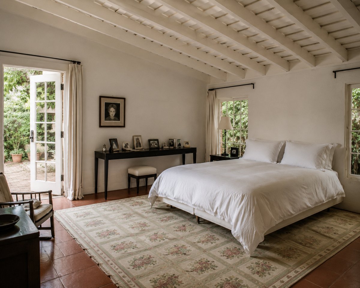 Quarto de estilo rústico e elegante com teto de vigas expostas, cama branca centralizada sobre um tapete floral, e uma porta francesa aberta para um jardim.