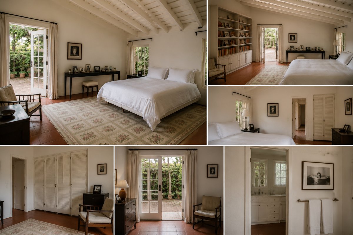 Colagem de fotografias de interiores mostrando diferentes ângulos de um quarto iluminado e arejado com teto inclinado de madeira, uma cama de casal branca, estante de livros e acesso a um pátio externo.