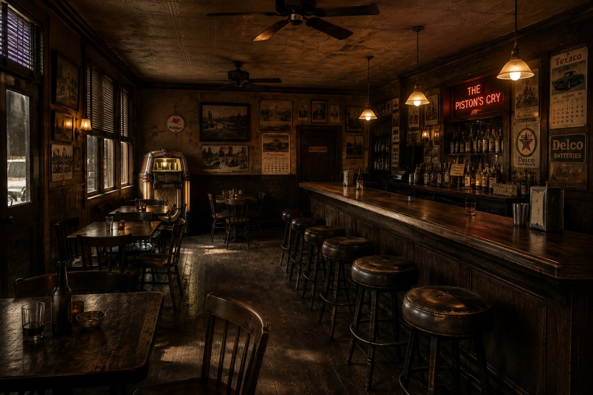 Interior de um bar rústico e antigo com balcão de madeira, bancos de couro, jukebox e letreiro de neon 'The Piston's Cry'.