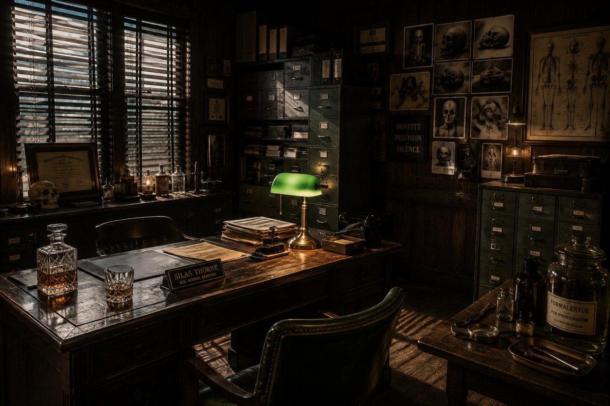 Silas Thorne: Escritório antigo e sombrio de um médico examinador chamado Silas Thorne, com uma luminária verde sobre a mesa, frascos de formaldeído e diagramas anatômicos na parede.