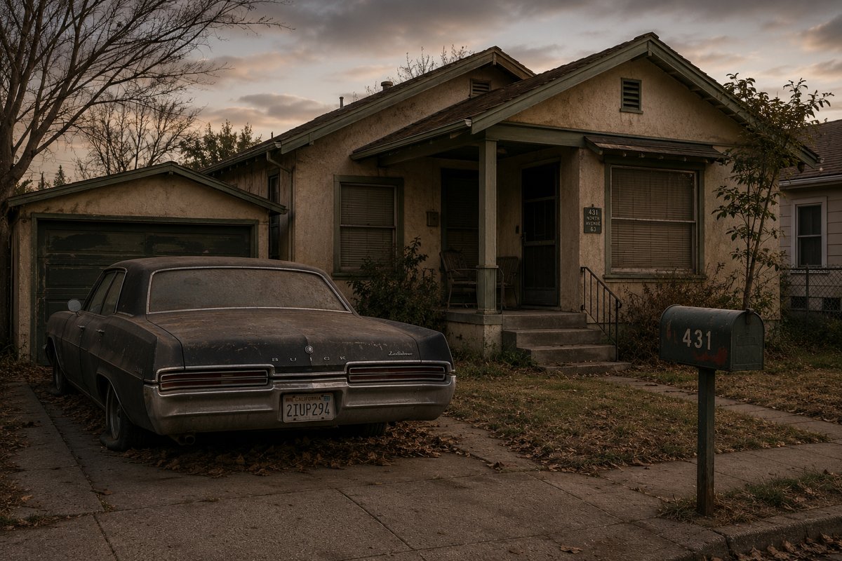 unknown: Uma fotografia sombria de uma casa suburbana envelhecida com um carro Buick antigo coberto de poeira estacionado na frente.
