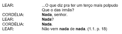 LEAR: ...O que diz pra ter um terço mais polpudo
Que o das irmãs?
CORDÉLIA: Nada, senhor.
LEAR: Nada?
CORDÉLIA: Nada.
LEAR: Não vem nada de nada. (1.1. p. 18)