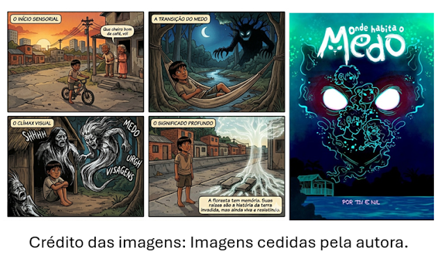 Tira de quadrinhos: Páginas da história em quadrinhos 'Onde Habita o Medo' de Tai e Nil, mostrando o cotidiano de um menino em uma vila, o medo na floresta e visagens folclóricas.