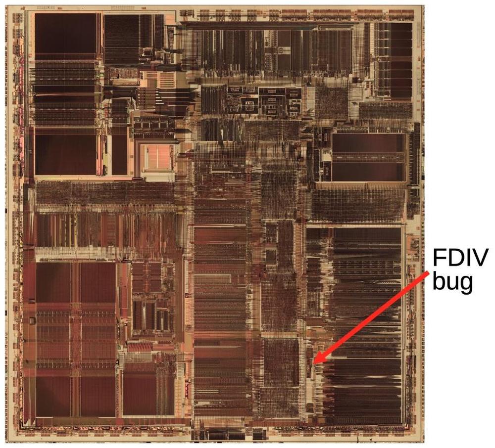 This die photo of the Pentium shows the location of the FDIV bug. Click this image (or any other) for a larger version. This die photo of the Pentium shows the location of the FDIV bug. Click this image (or any other) for a larger version.
