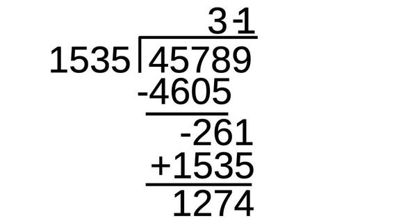 Base-10 division, using a negative quotient digit. The result is the same as the previous example. Base-10 division, using a negative quotient digit. The result is the same as the previous example.