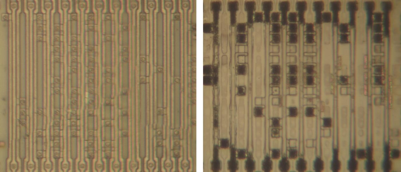 Top of the faulty PLA (left) and the fixed PLA (right). The metal layers were removed to show the silicon of the transistors. (Click for a larger image.) Top of the faulty PLA (left) and the fixed PLA (right). The metal layers were removed to show the silicon of the transistors. (Click for a larger image.)