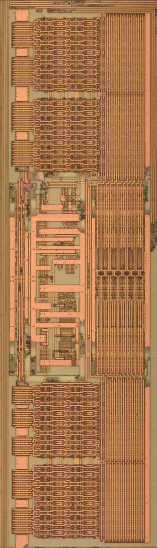 The Pentium PLA with the top metal layer removed, revealing the M2 and M1 layers. The OR and AND planes are at the top and bottom, with drivers and control logic in the middle. The Pentium PLA with the top metal layer removed, revealing the M2 and M1 layers. The OR and AND planes are at the top and bottom, with drivers and control logic in the middle.
