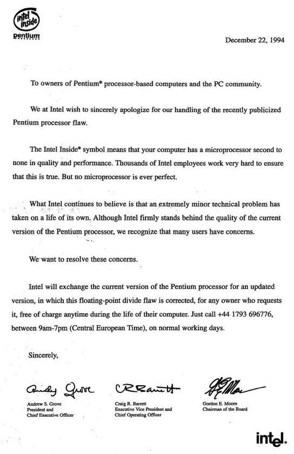 Intel's apology letter, published in Financial Times. Note the UK country code in the phone number. Intel's apology letter, published in Financial Times. Note the UK country code in the phone number.
