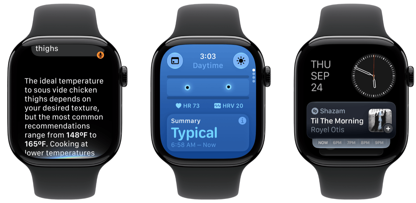Three Apple Watches: left shows sous vide chicken advice; center shows health summary with HR 73 and HRV 20; right shows Shazam for ‘Til the Morning’ by Royel Otis on THU SEP 24.