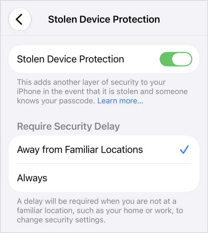 Screenshot of Stolen Device Protection section of iOS Settings