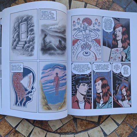 Tira de quadrinhos: Páginas abertas de uma história em quadrinhos (graphic novel) mostrando diálogos entre personagens e ilustrações surrealistas acompanhadas de caixas de narração em português.