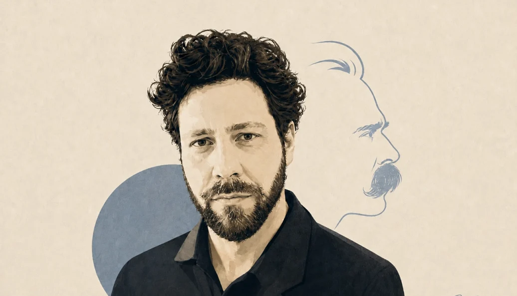 Luiz Felipe Pondé: Ilustração estilizada de um homem com barba e cabelo cacheado, com o perfil do filósofo Friedrich Nietzsche ao fundo.
