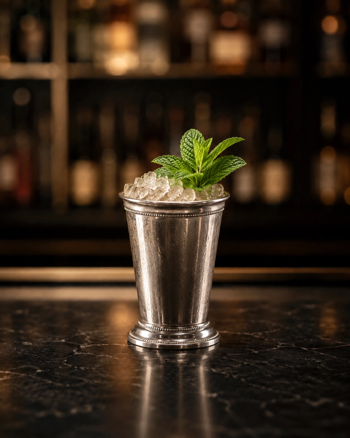 A Mint Julep cocktail served in a classic silver cup with crushed ice and a fresh mint sprig garnish on a dark bar counter.