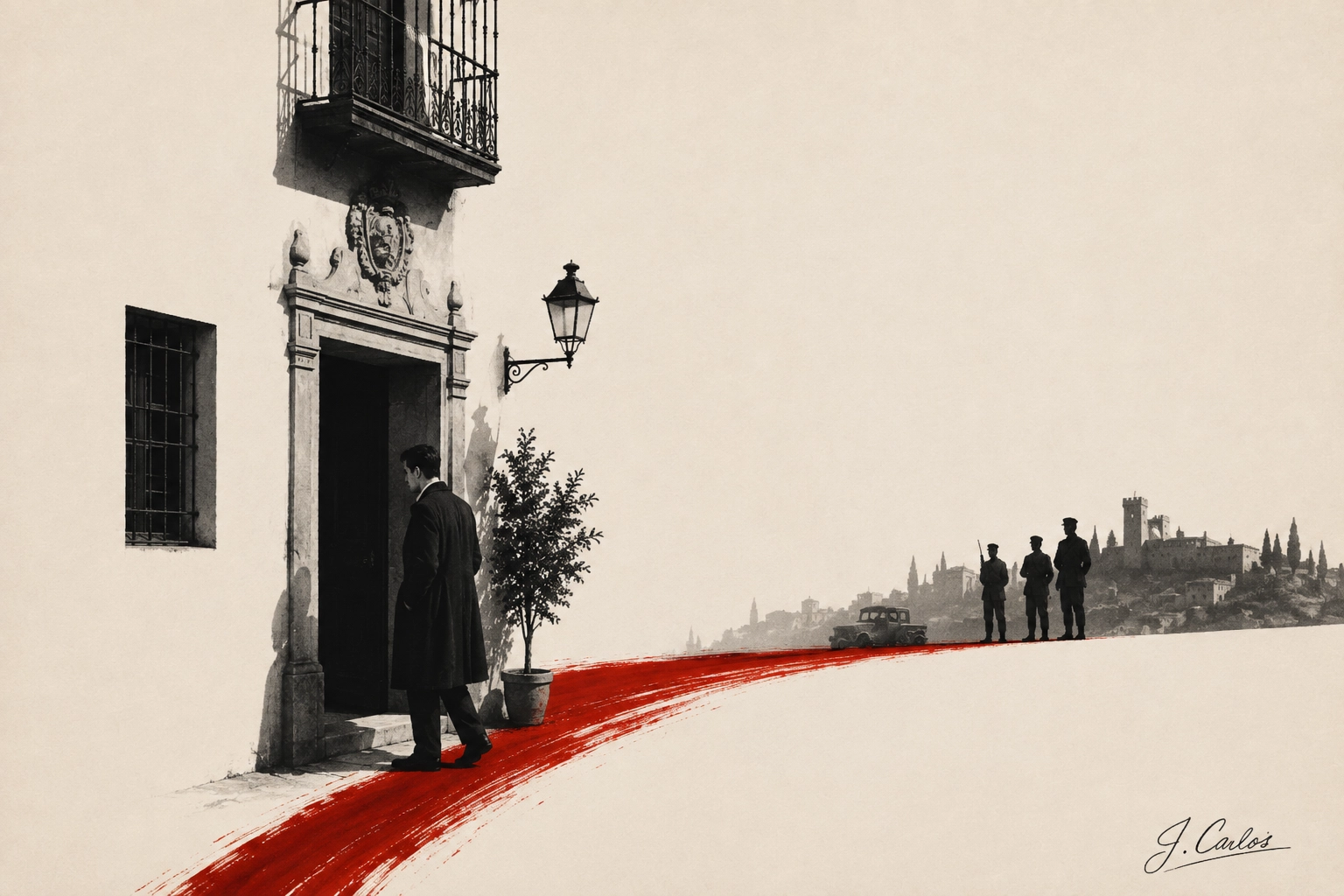 Uma ilustração estilizada com tons de sépia e uma trilha de sangue vermelha, mostrando um homem entrando em um edifício antigo enquanto soldados observam ao fundo.